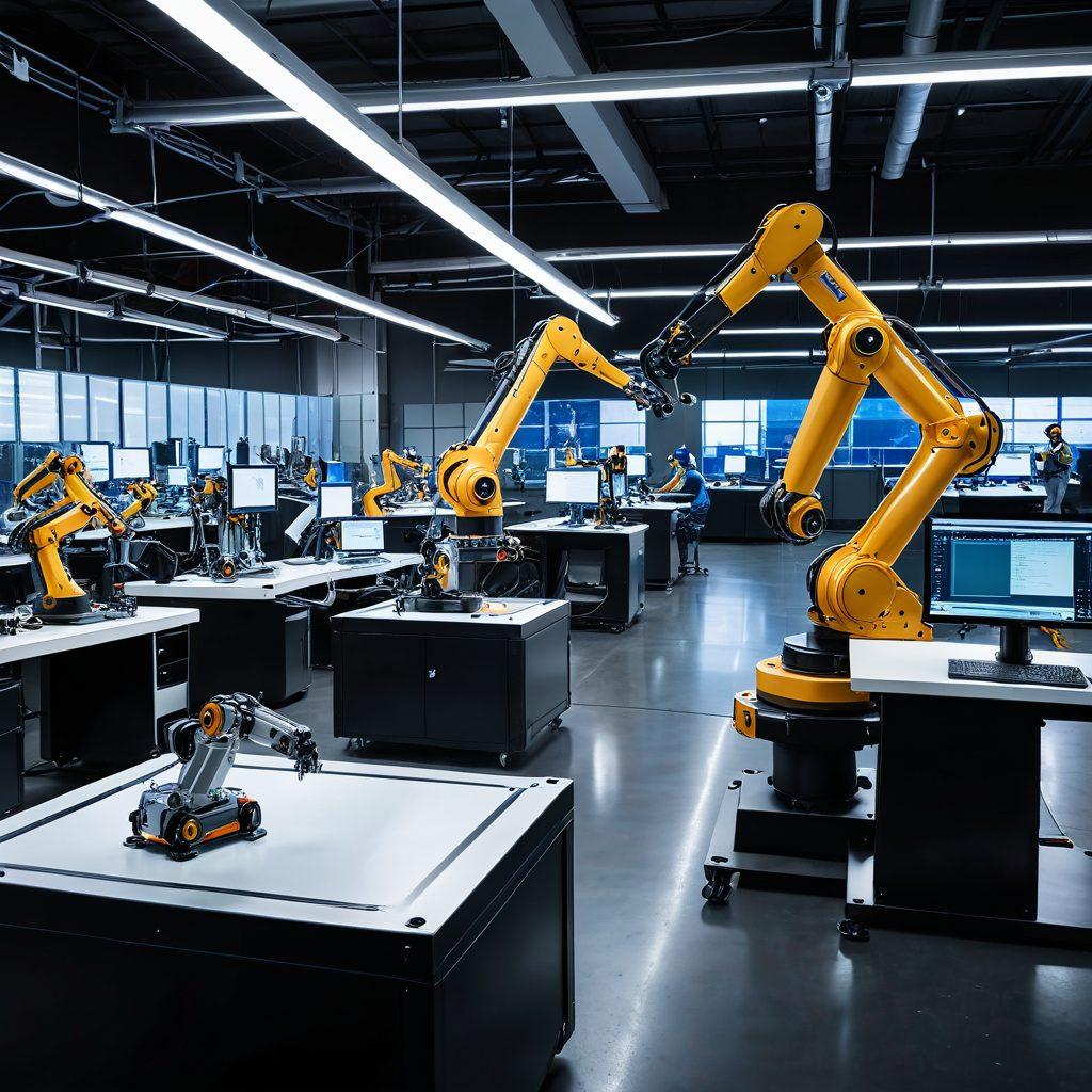 A futuristic factory floor brimming with advanced industrial tools and gear, featuring robotic arms, 3D printers, and smart machinery operating seamlessly. Engineers using augmented reality glasses are seen overseeing the automated production line. Bright LED screens display data analytics and production stats. High-tech, sleek design, super-realistic. vibrant colors.