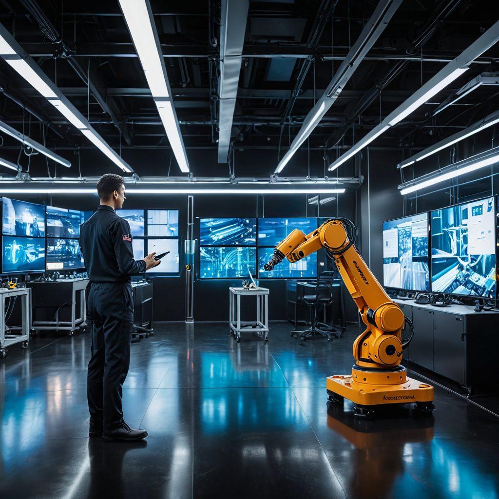 A futuristic factory floor showcasing cutting-edge industrial equipment with advanced robotics, AI-driven machinery, and smart sensors. Workers in modern uniforms interact with holographic displays, and an augmented reality dashboard shows data analytics in the background. Daylight filters through large windows, illuminating the innovative technology. super-realistic. vibrant colors. high-tech ambiance.